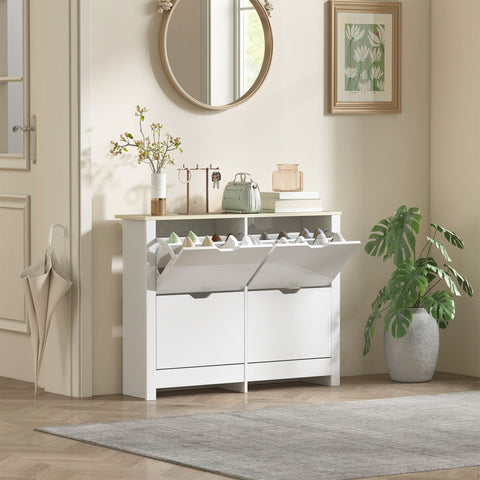 White homcom shoe cabinet with particle board and two open compartments showing neatly arranged shoes 105l x 26dcm