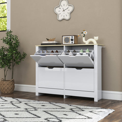 White glossy homcom shoe cabinet with two pull-out compartments wooden top particle board 105l x 26dcm storage unit