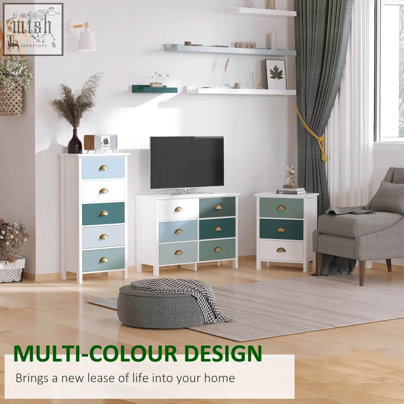 Homcom slim storage cabinet with five drawers metal handles in blue green white frame for living room bedroom
