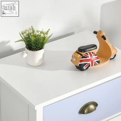 Tan scooter-shaped decorative figurine with union jack design on homcom slim storage blue dresser with five drawers and metal handles