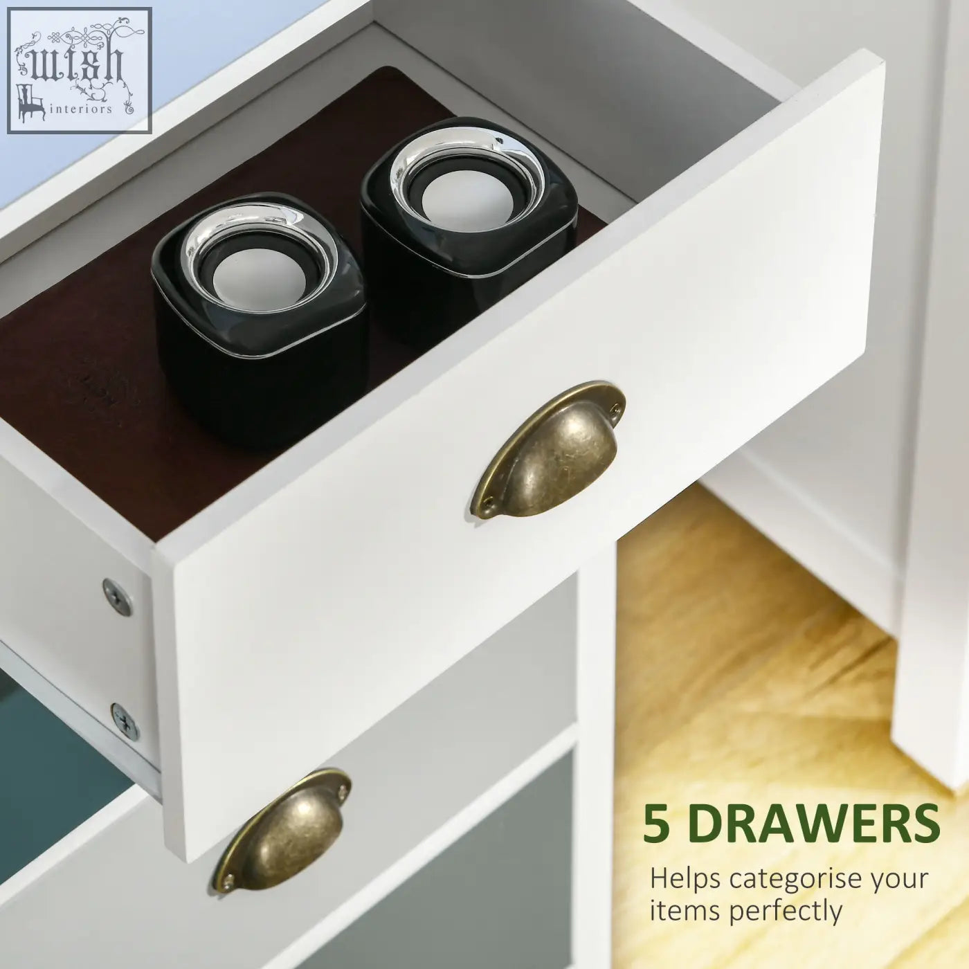 Black and silver square desktop speakers with glossy finish placed on homcom slim storage cabinet with five drawers and metal handles
