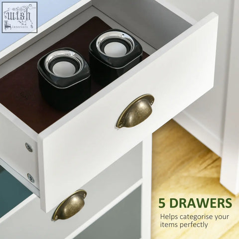 Black and silver square desktop speakers with glossy finish placed on homcom slim storage cabinet with five drawers and metal handles