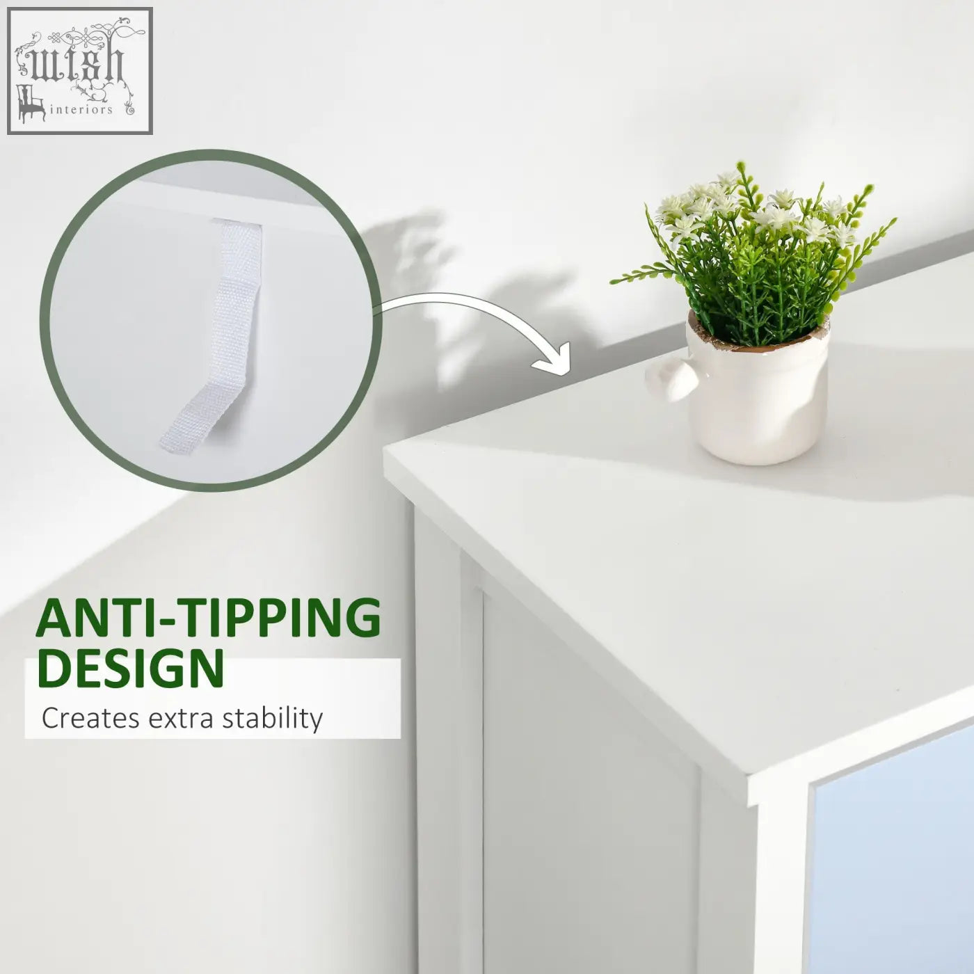 White ceramic mug with green foliage inside on homcom slim storage blue five drawers dresser with metal handles