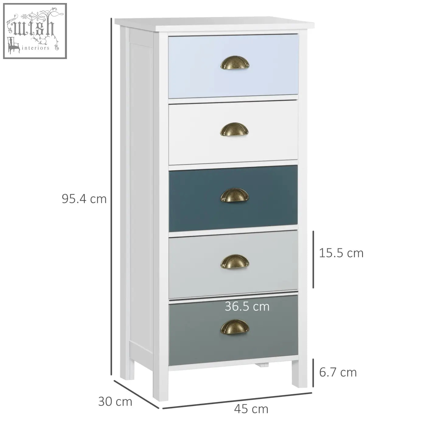 Homcom slim storage chest of drawers with five drawers in pastel blue and gray and metal handles for living room use