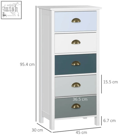 Homcom slim storage chest of drawers with five drawers in pastel blue and gray and metal handles for living room use