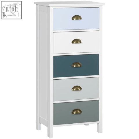 Homcom slim storage chest of drawers with five drawers in pastel colors and brass metal handles for living room use