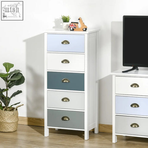 Homcom slim storage white wooden dresser with five drawers in pastel colors and brass metal handles for bedroom use