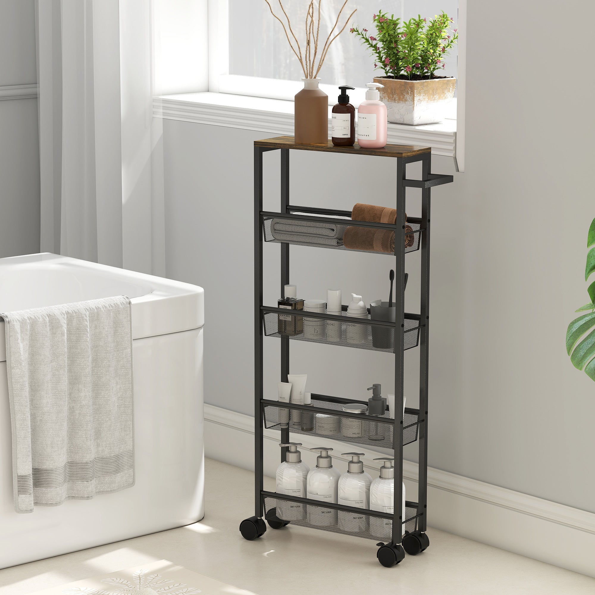 Black metal storage trolley with wooden top and mesh wire shelves slim kitchen cart for laundry rooms and living spaces