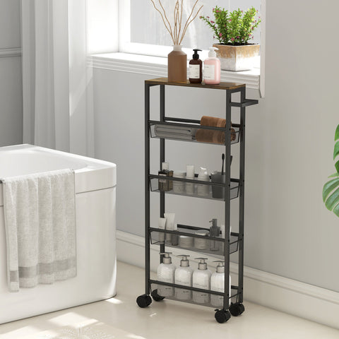 Black metal storage trolley with wooden top and mesh wire shelves slim kitchen cart for laundry rooms and living spaces