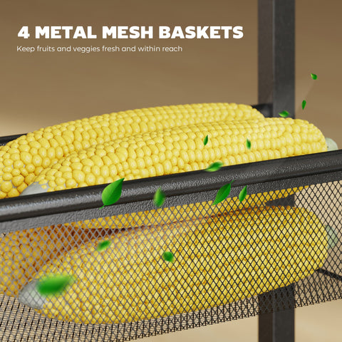 Black metal mesh baskets on the homcom slim storage trolley kitchen cart with wood-effect top for versatile storage
