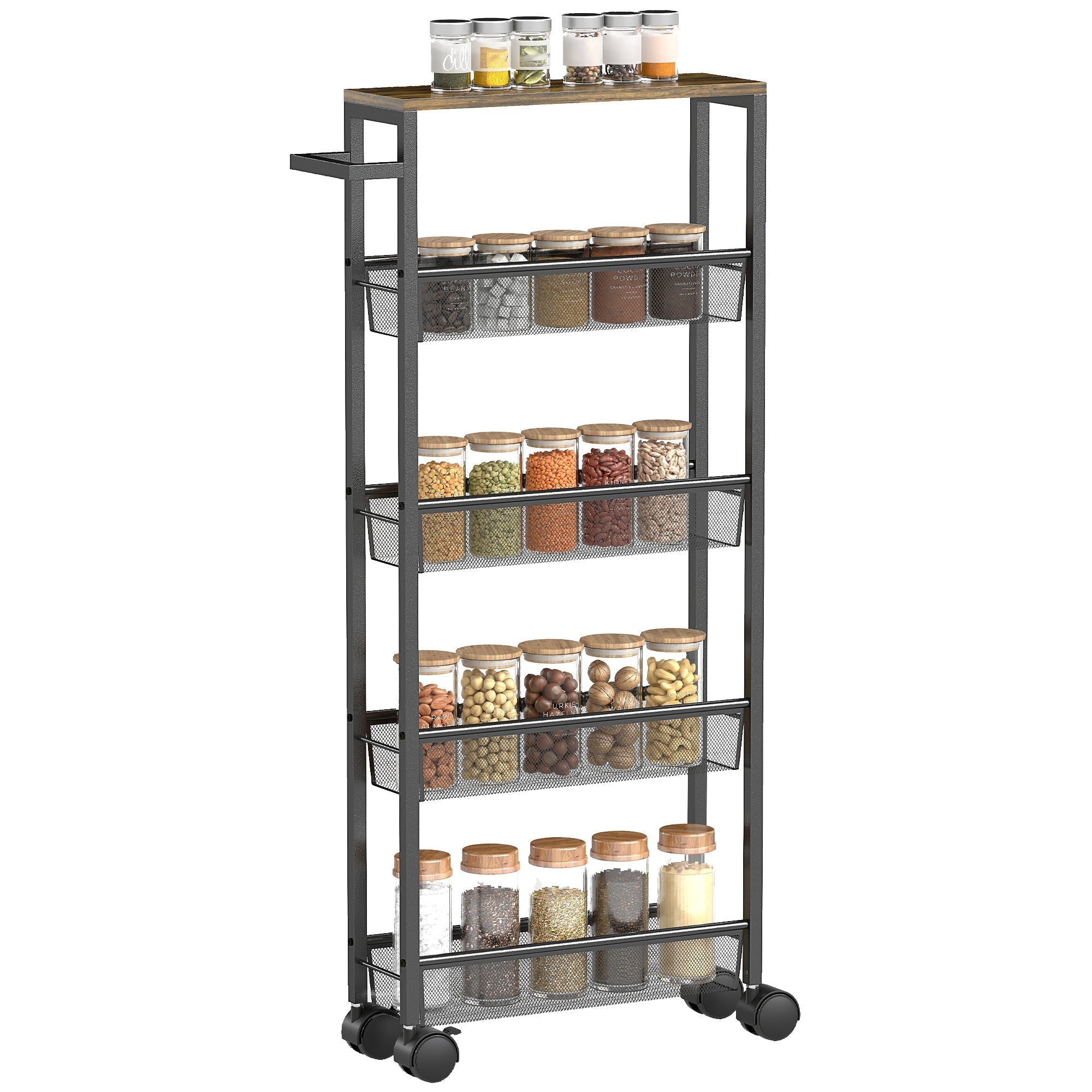 Black metal kitchen cart with wooden top and mesh baskets holding glass jars, storage trolley on wheels by HOMCOM