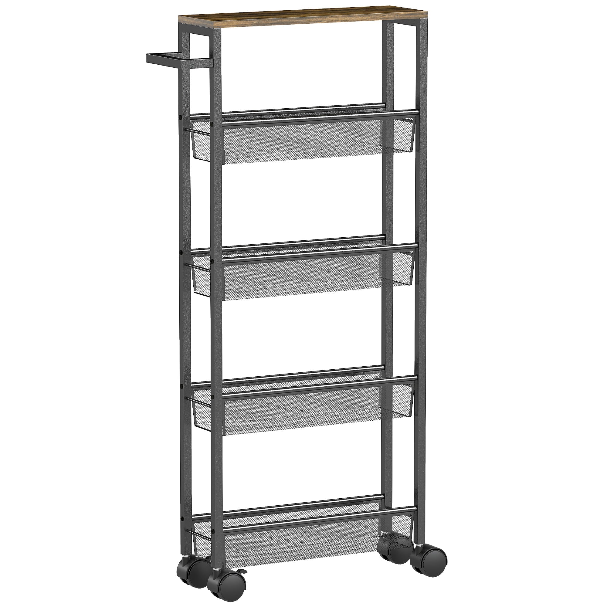 Black metal storage trolley with four mesh bins and wood top perfect kitchen cart for laundry rooms and living spaces