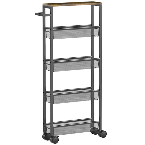 Black metal storage trolley with four mesh bins and wood top perfect kitchen cart for laundry rooms and living spaces