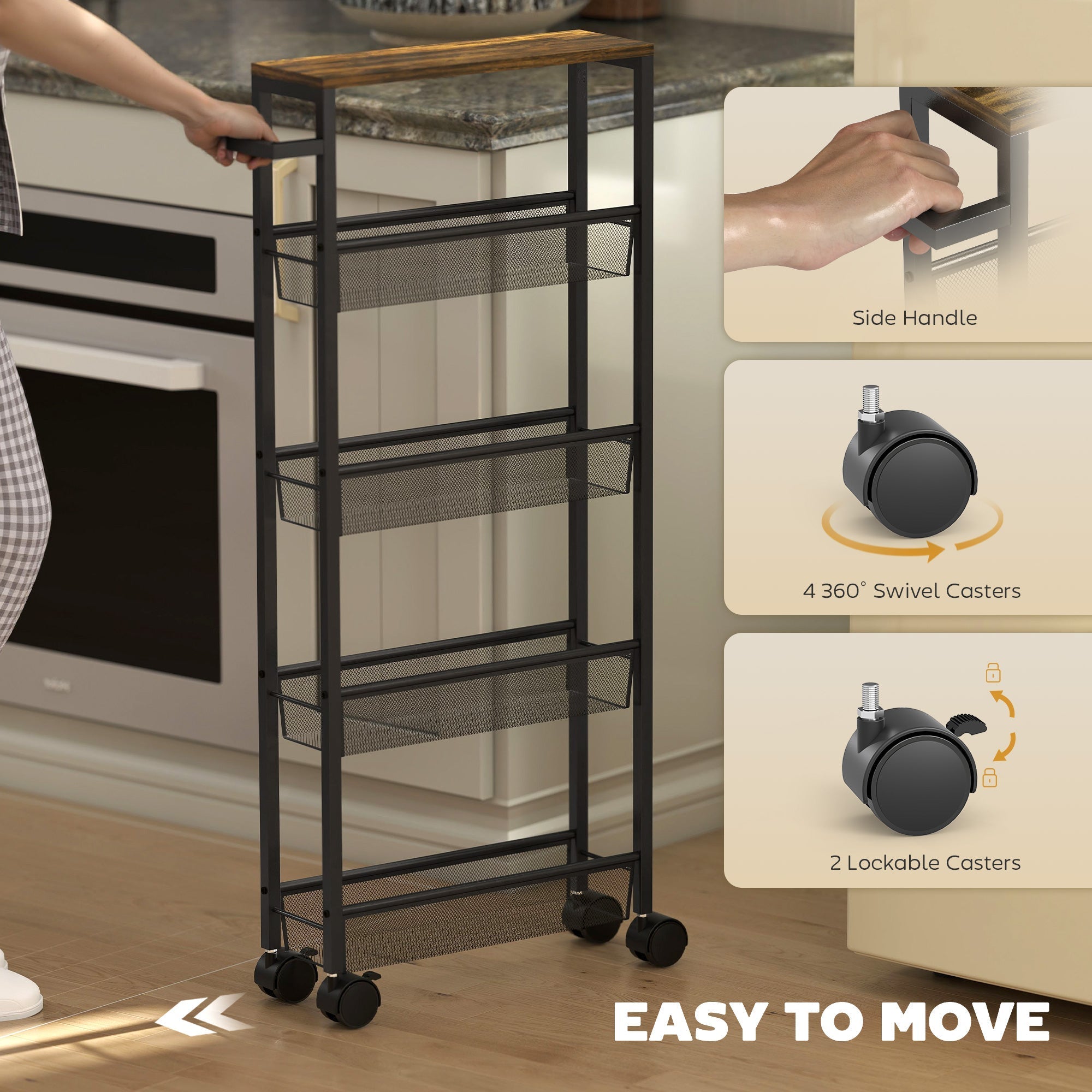 Black metal storage trolley with wooden top and mesh shelves perfect kitchen cart for laundry rooms and living spaces