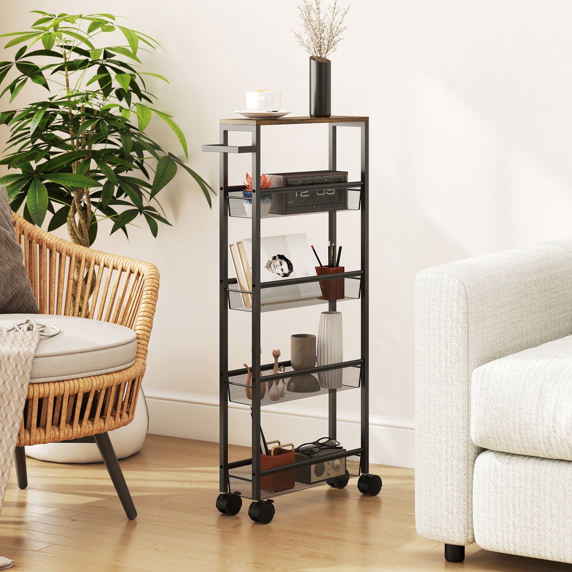 Black metal storage trolley with four wire mesh shelves and wood-effect top perfect for kitchen cart or laundry rooms