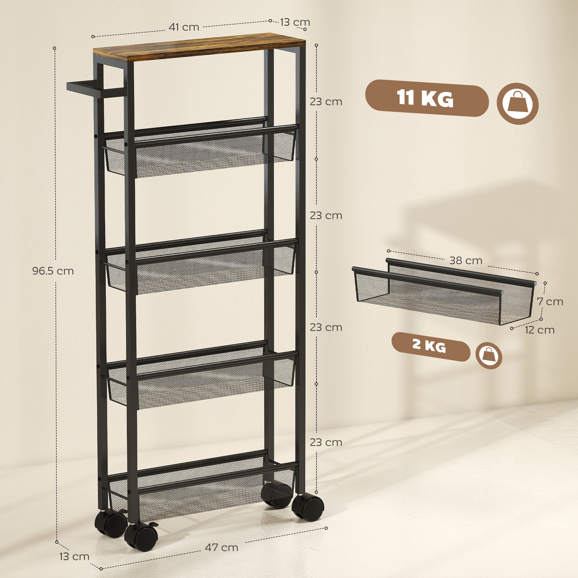 Black metal storage trolley with wooden top and four mesh baskets kitchen cart on wheels by HOMCOM