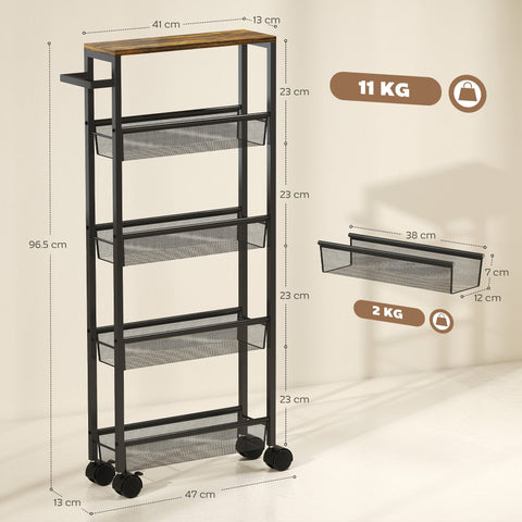 Black metal storage trolley with wooden top and four mesh baskets kitchen cart on wheels by HOMCOM