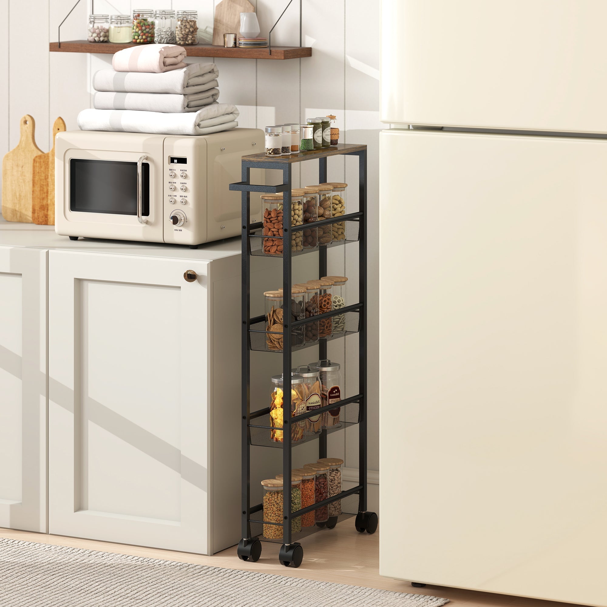 Black metal storage trolley with five shelves and wood effect top kitchen cart for snacks in laundry rooms and more