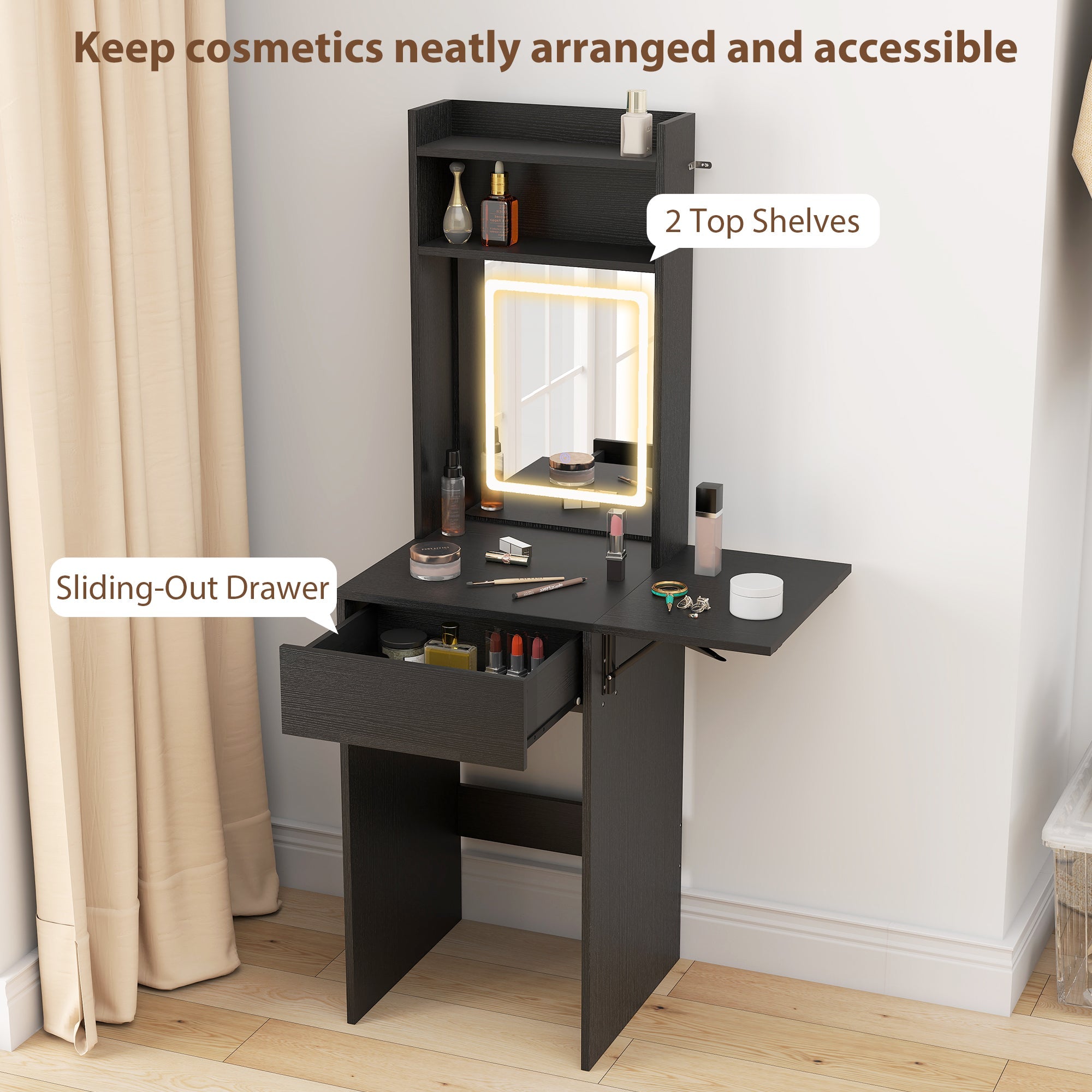 Black foldable dressing table with drop leaf, LED illuminated mirror, and sliding drawer compact size by HOMCOM