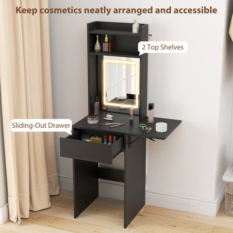 Black foldable dressing table with drop leaf, LED illuminated mirror, and sliding drawer compact size by HOMCOM