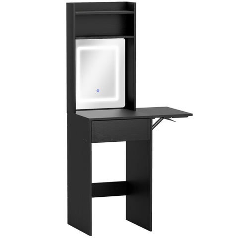 Black wooden homcom small dressing table with drop leaf and led lights featuring mirror and open shelves