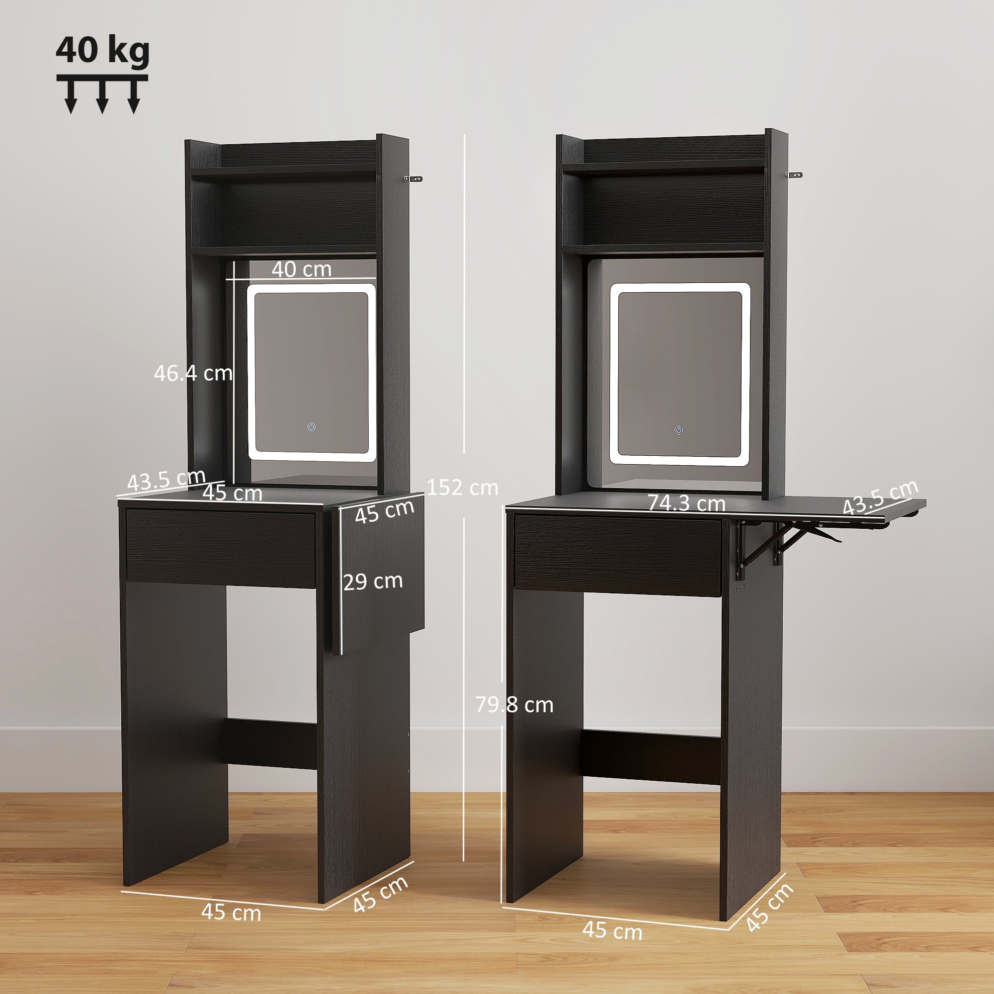 Black wooden compact dressing table with drop leaf, led mirror, drawer, and open shelves by HOMCOM