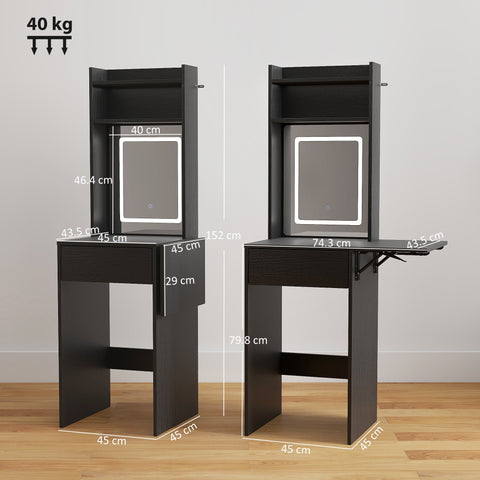 Black wooden compact dressing table with drop leaf, led mirror, drawer, and open shelves by HOMCOM