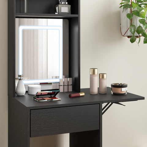 Black foldable dressing table with drop leaf, led lights, illuminated mirror, and storage shelves by HOMCOM