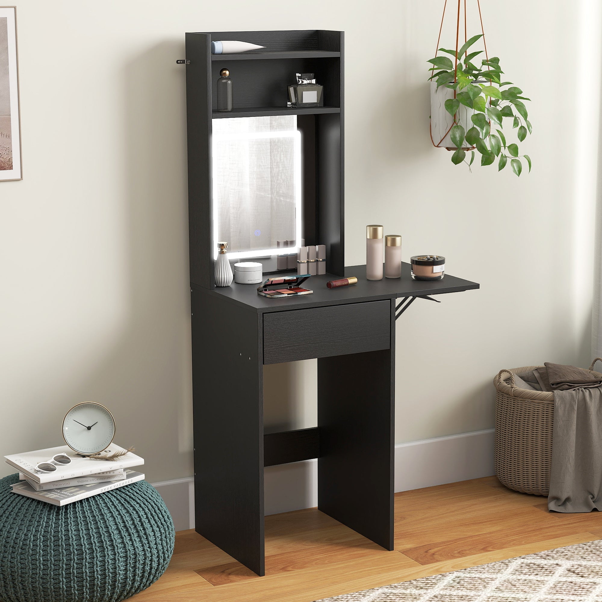 Black homcom small vanity dressing table with drop leaf, led lights, illuminated mirror, and storage shelves