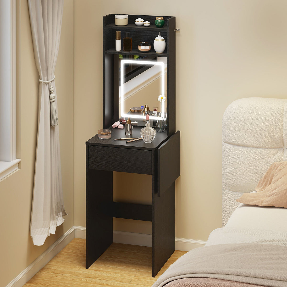 Black wooden compact dressing table with drop leaf mirror LED lights and storage shelves by HOMCOM