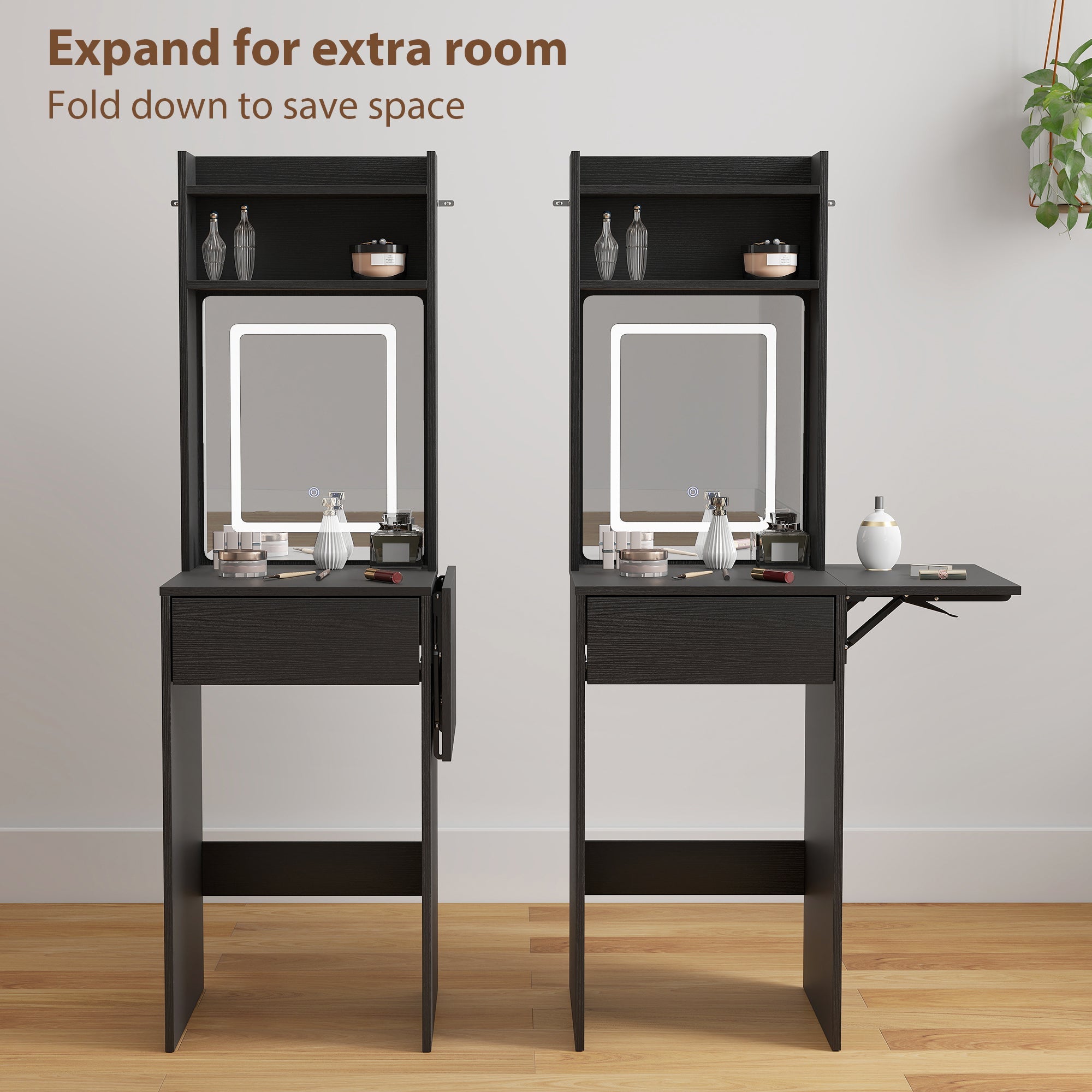 Black homcom foldable dressing table with drop leaf, led lights, illuminated mirror, and open storage shelves