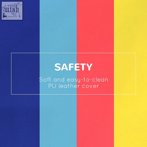 Safety label on pu leather cover of homcom soft play colorful epe foam toddler stairs with block dimension info