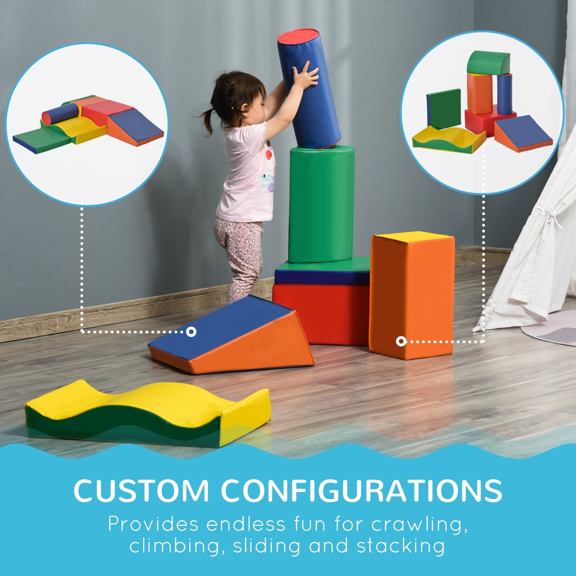 Homcom red soft play set with 7 colorful soft foam blocks 20h x 40l for toddler climb crawl and stack fun