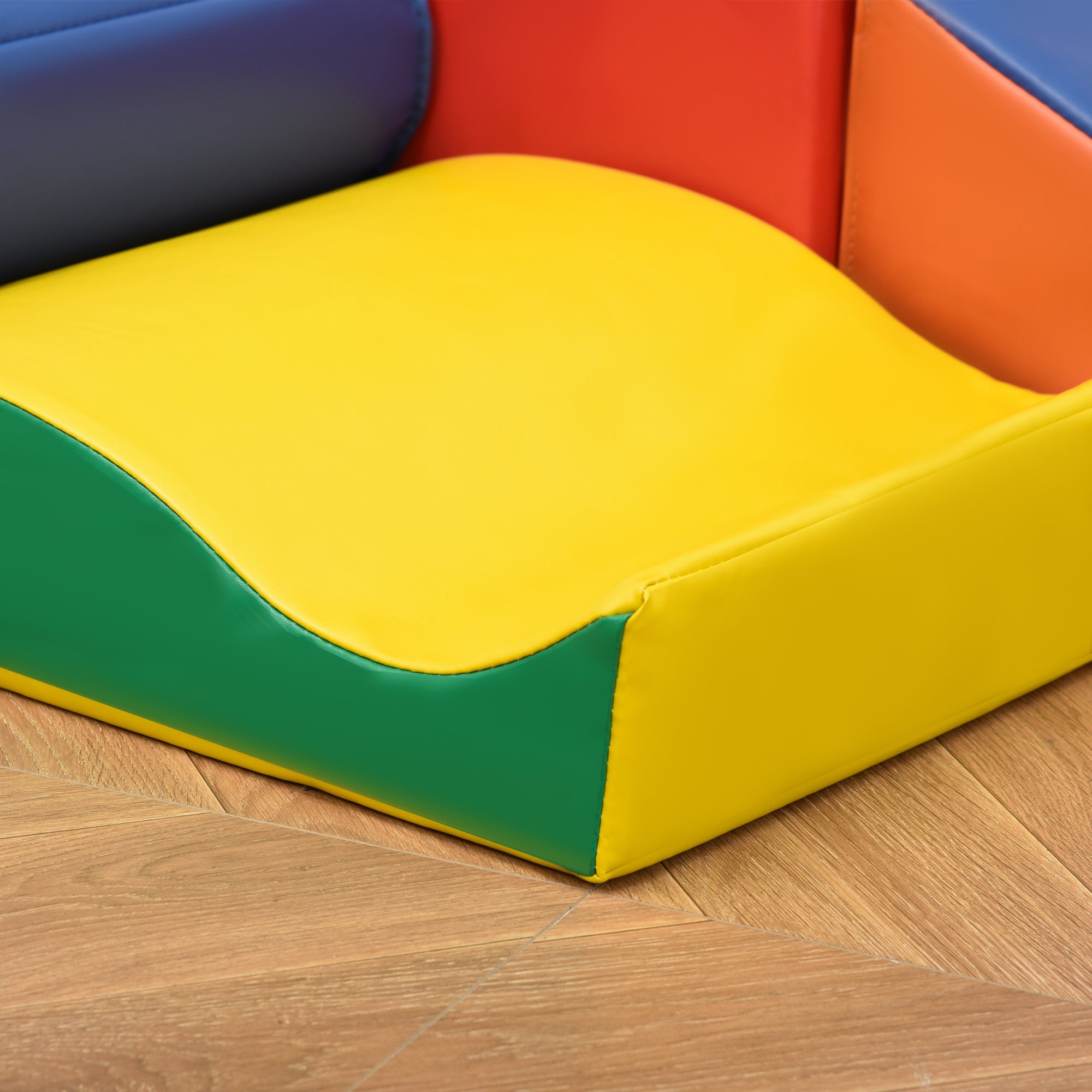 Bright yellow and green soft play corner with 7 piece soft foam blocks for toddler climb and crawl 20h x 40l size