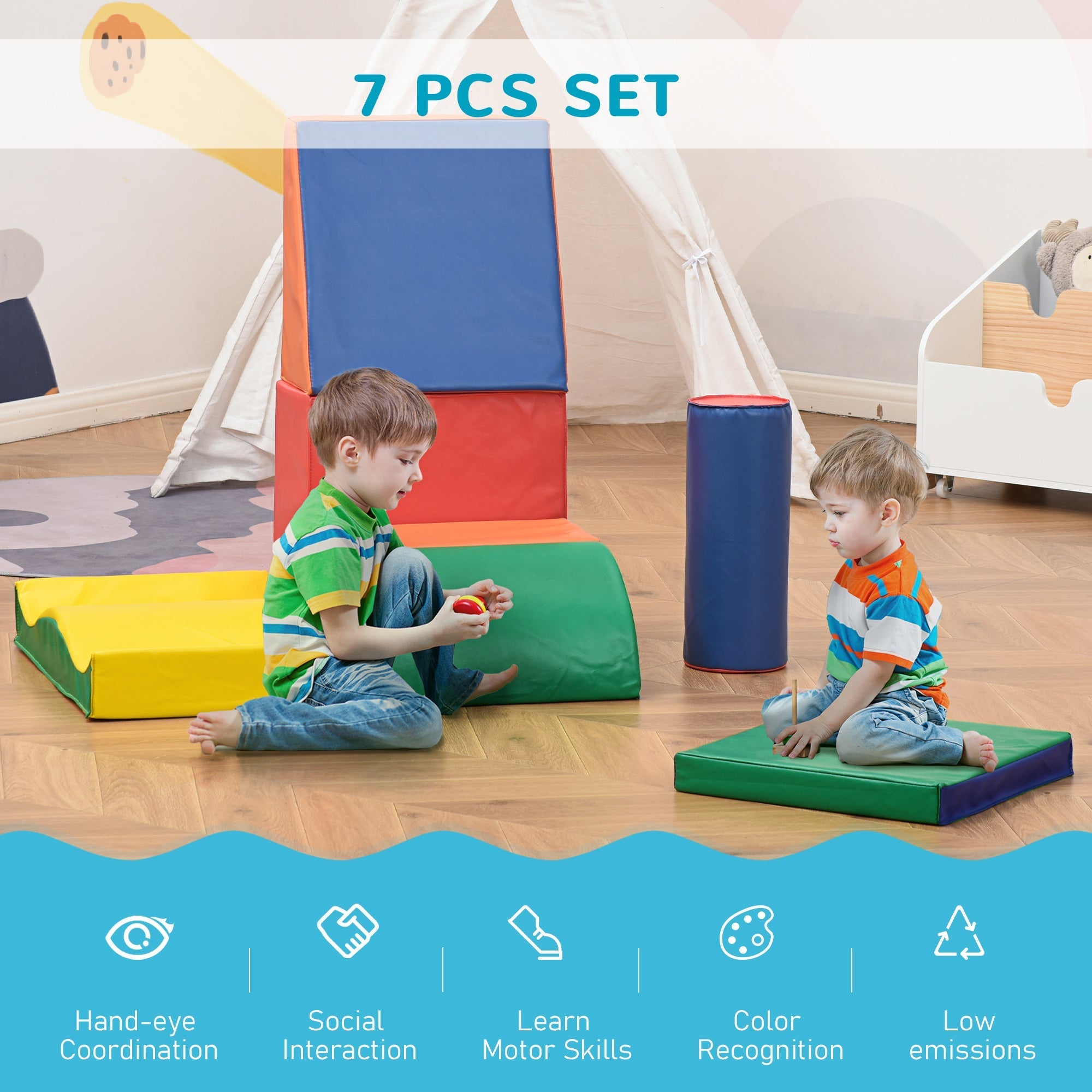 Homcom soft play 7 piece set with colorful soft foam blocks for toddler climbing and stacking in red blue yellow green