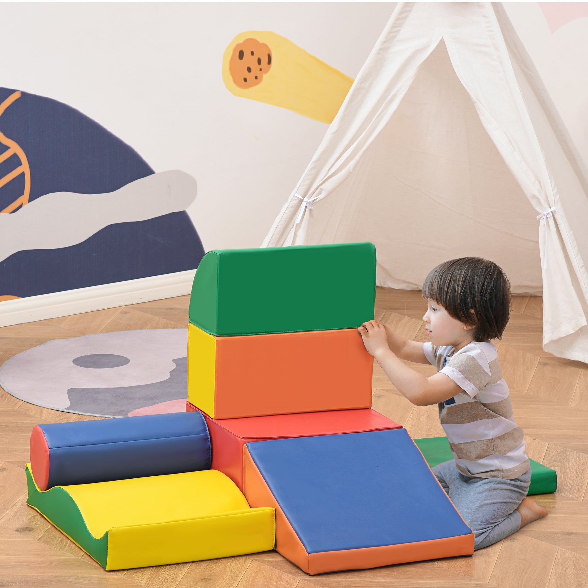 Homcom soft play 7 piece set with red green orange blue yellow soft foam blocks for toddler climb and crawl 20h x 40l