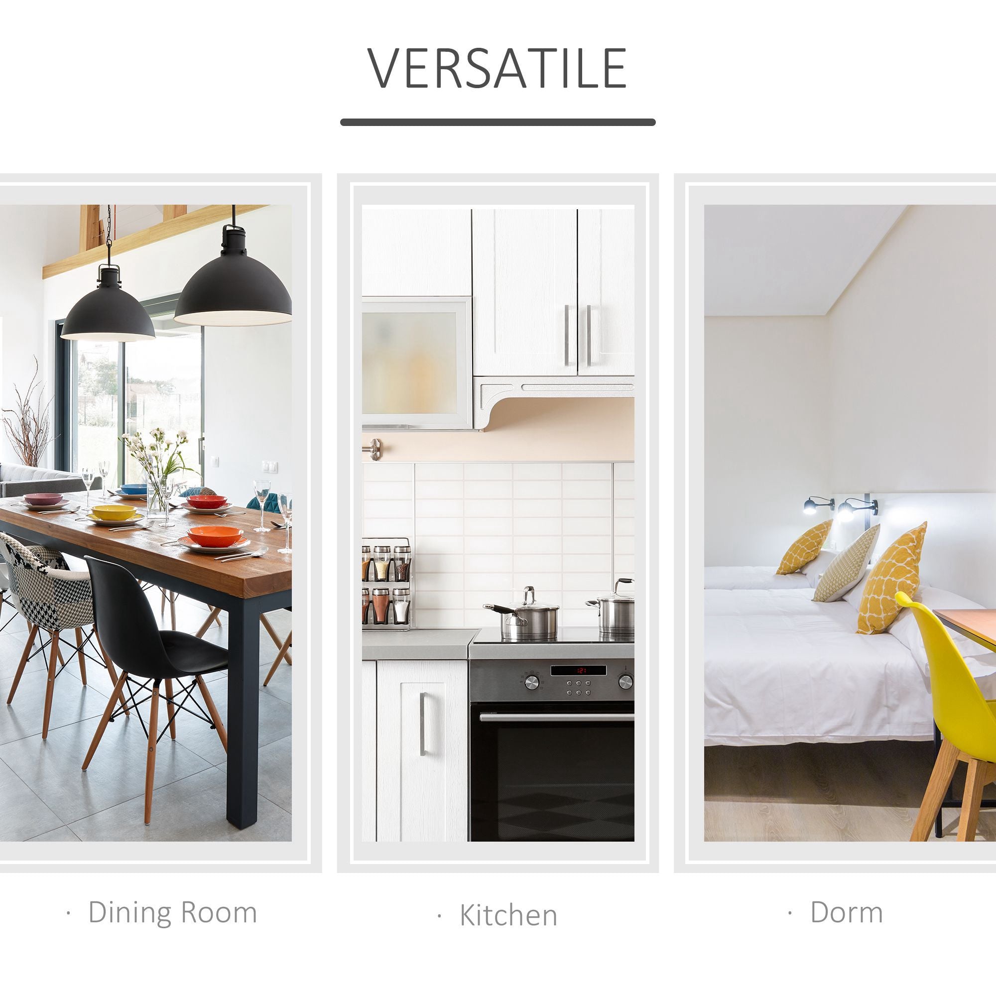 Black pendant lights with white interiors hang above a white folding dining table perfect for small spaces and kitchens