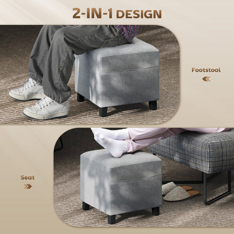 Gray upholstered cube footstool with storage compartment and rubber wood legs for living room or bedroom use