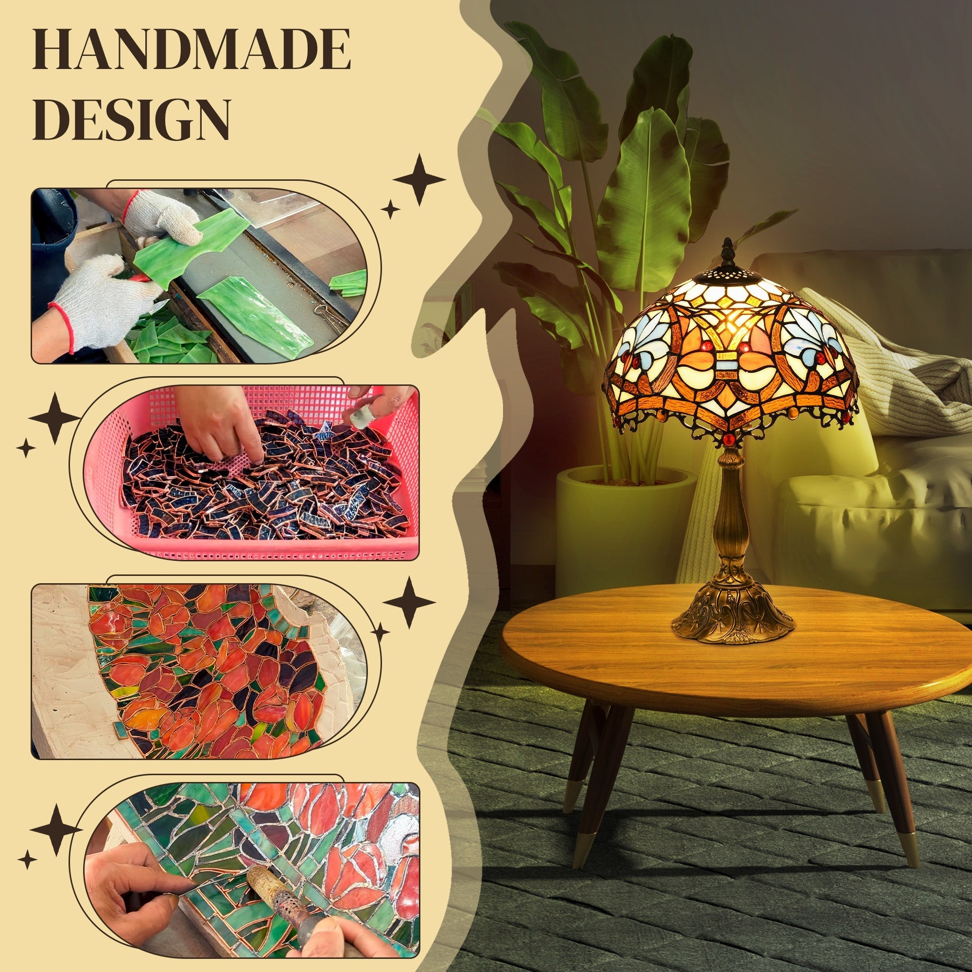 HOMCOM Stained Glass Table Lamp, Handcrafted Artisan Collectible, Suitable for Living Room and Bedside, Multi-Coloured, \'d0\'a431 x 48Hcm, Zinc Alloy.