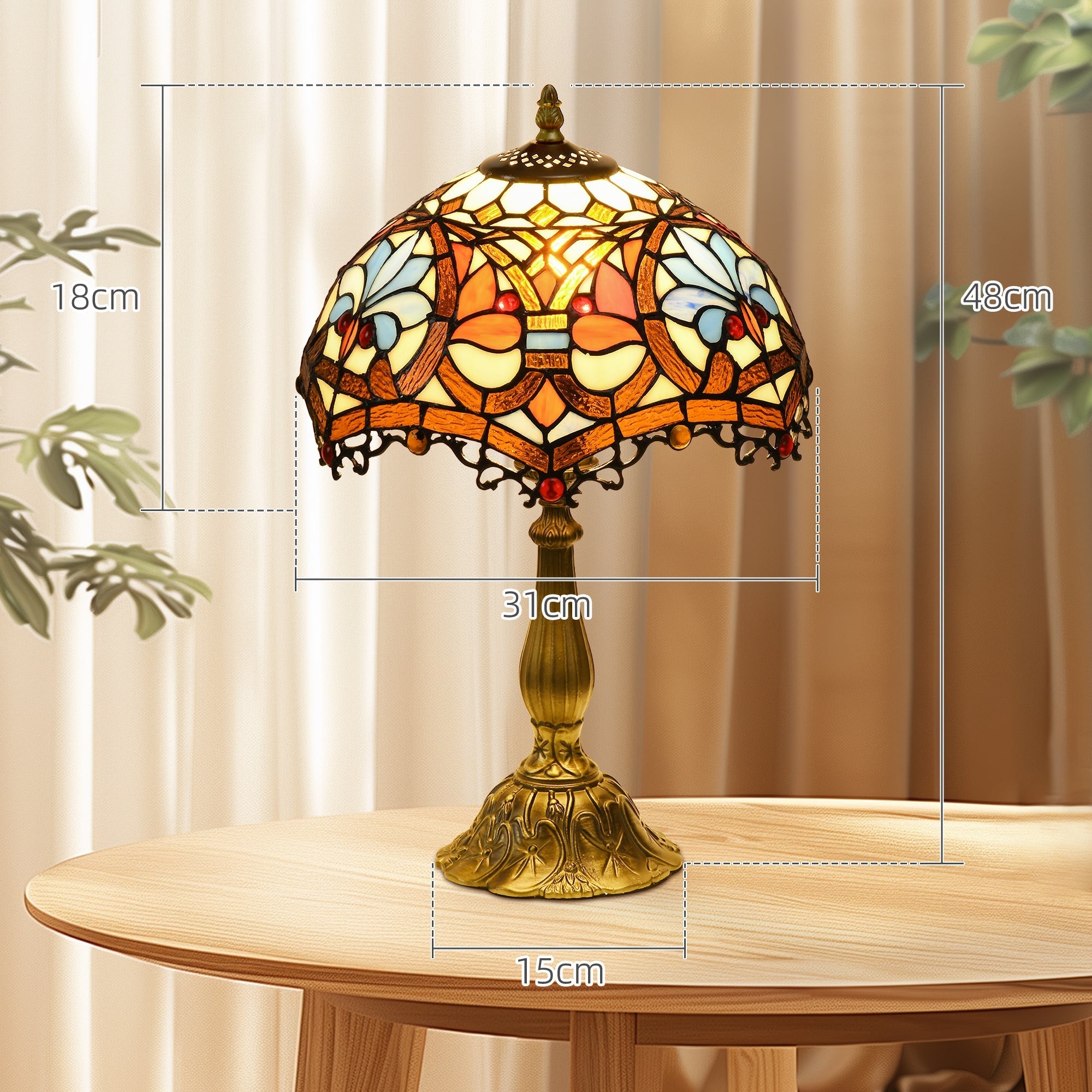 HOMCOM Stained Glass Table Lamp, Handcrafted Artisan Collectible, Suitable for Living Room and Bedside, Multi-Coloured, \'d0\'a431 x 48Hcm, Zinc Alloy.