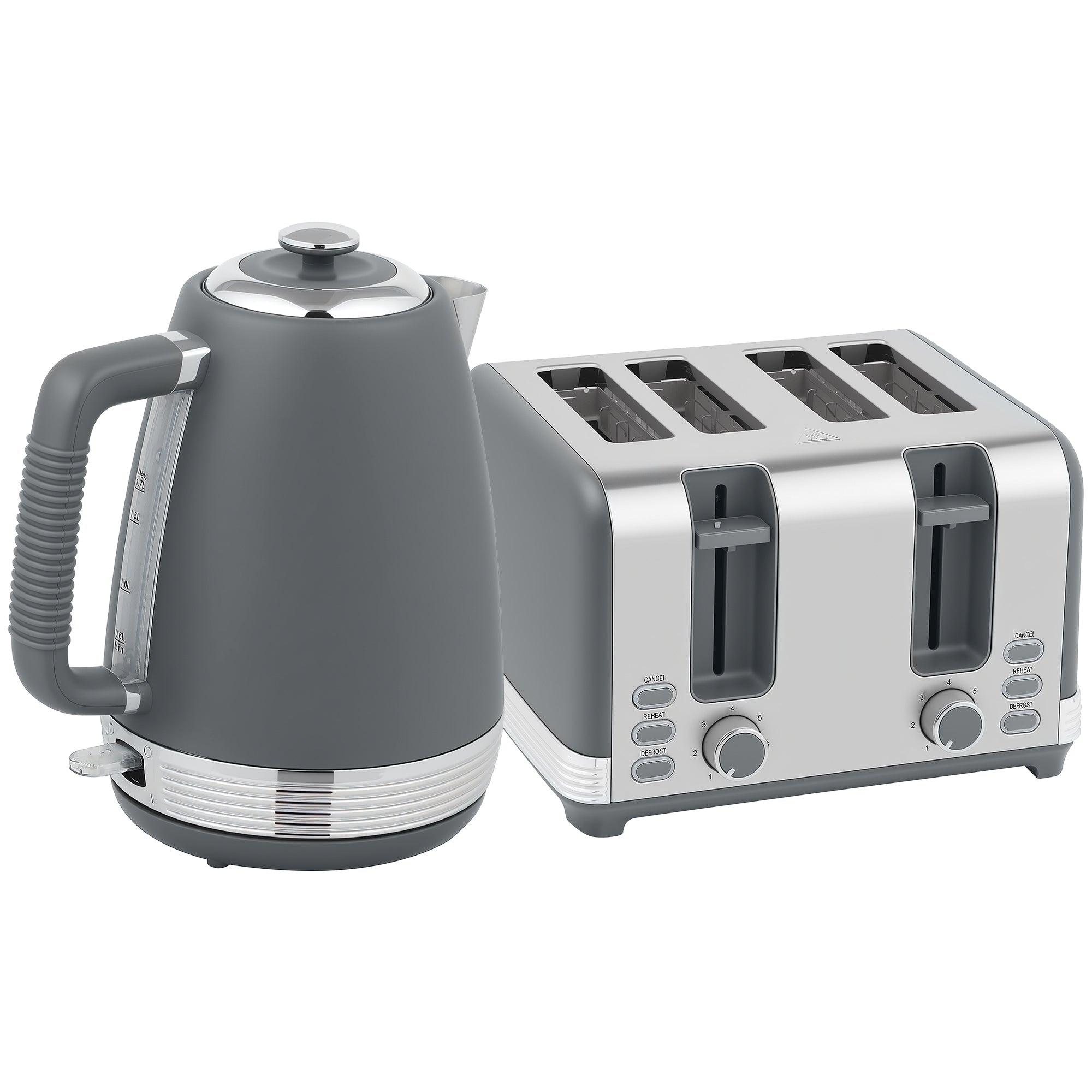 Gray and silver stainless steel electric kettle with textured handle and strix thermostat in the homcom toaster set