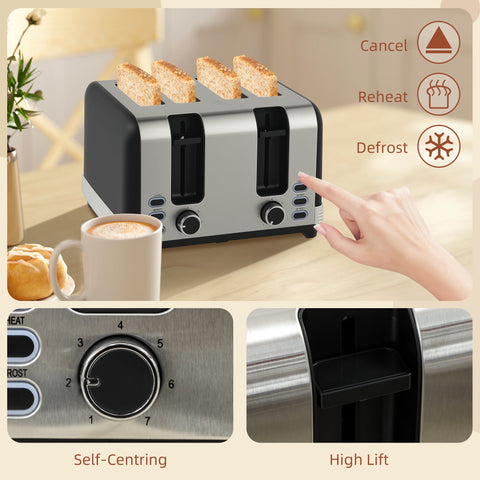 Stainless steel and black four slice toaster with self centering dial and high lift in homcom toaster set with strix thermostat