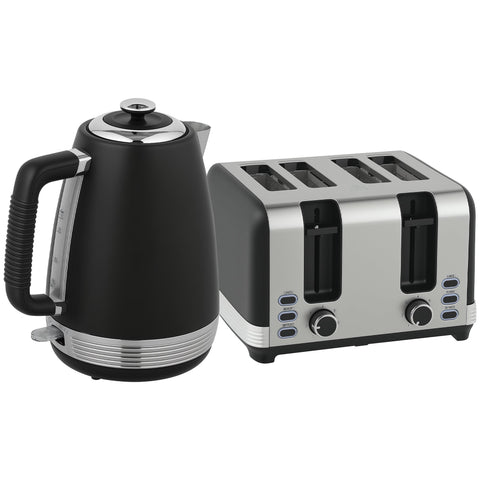 Black and stainless steel kettle with textured handle and chrome accents from homcom toaster set with strix thermostat