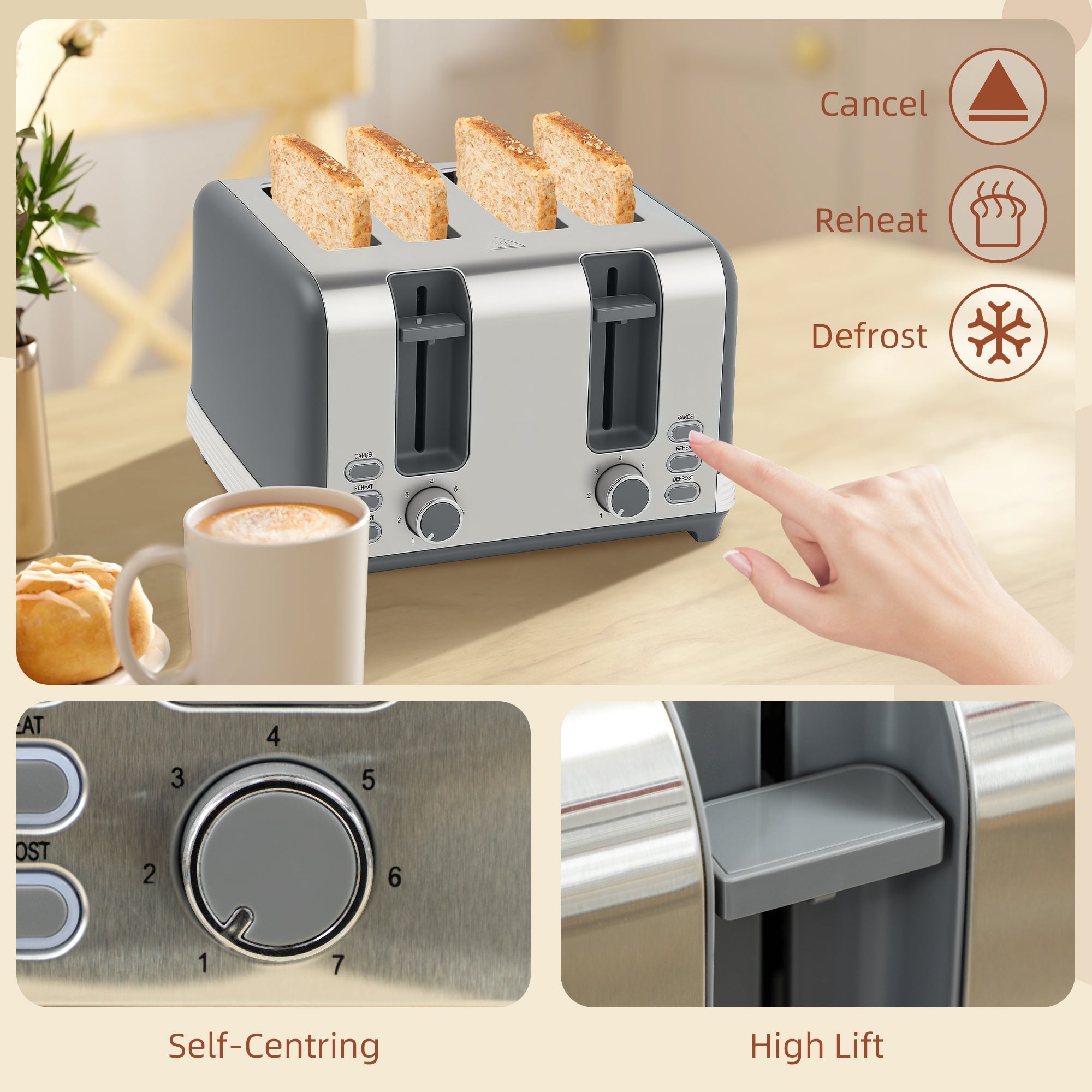 Stainless steel and gray four slice toaster with self centering dial and high lift in homcom toaster set with strix thermostat