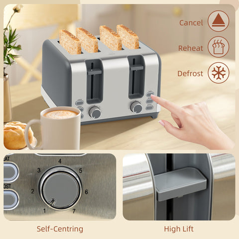 Stainless steel and gray four slice toaster with self centering dial and high lift in homcom toaster set with strix thermostat