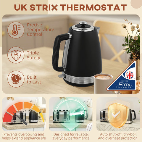 Black stainless steel electric kettle with silver base and strix thermostat in homcom toaster set