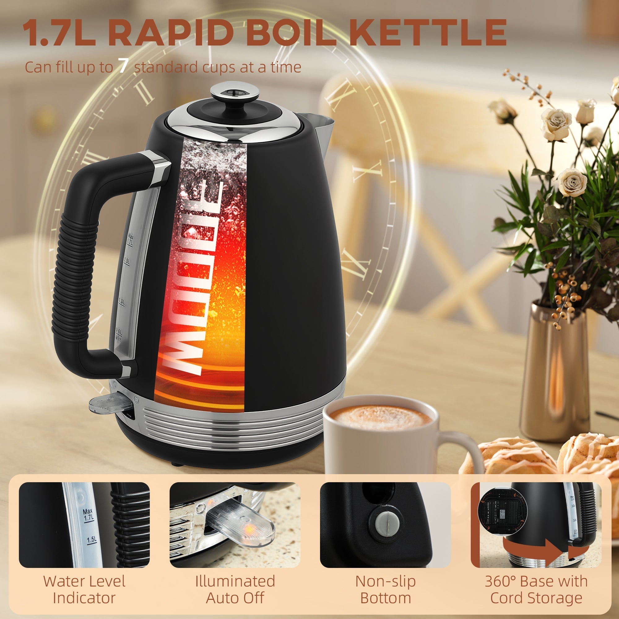 Black and silver 1.7l stainless steel rapid boil kettle with strix thermostat and illuminated auto-off from mooie toaster set