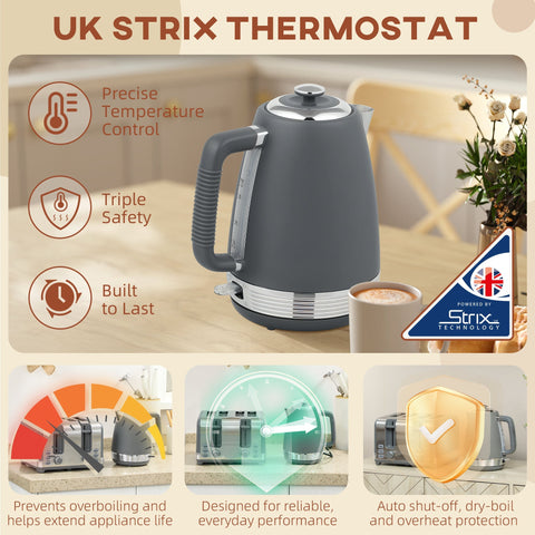 Gray stainless steel kettle with strix thermostat and chrome accents in homcom toaster set for quick boiling