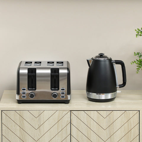 Stainless steel and black four-slice toaster with silver accents from homcom toaster set with strix thermostat control