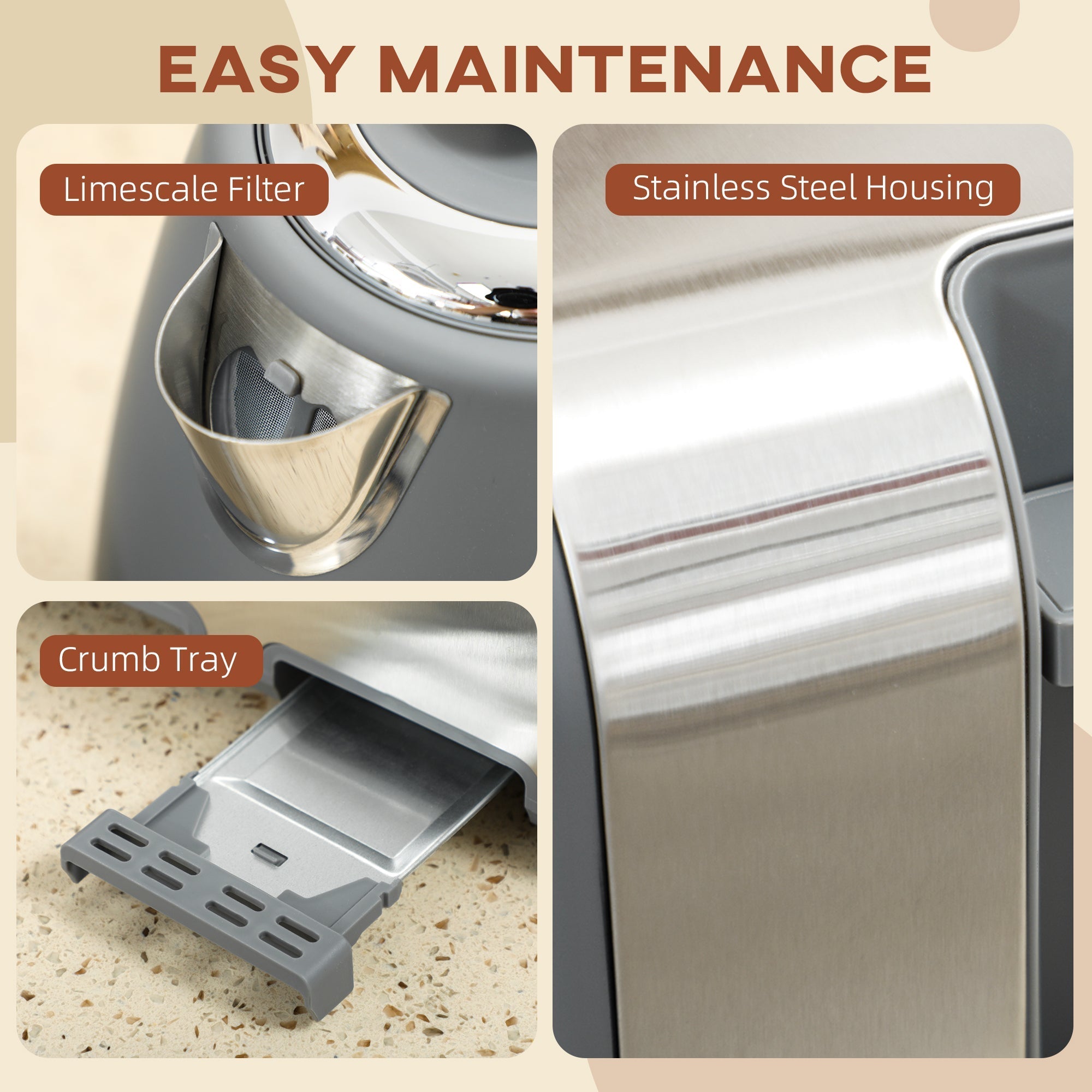 Gray stainless steel toaster with removable crumb tray part of homcom stainless steel toaster set with strix thermostat